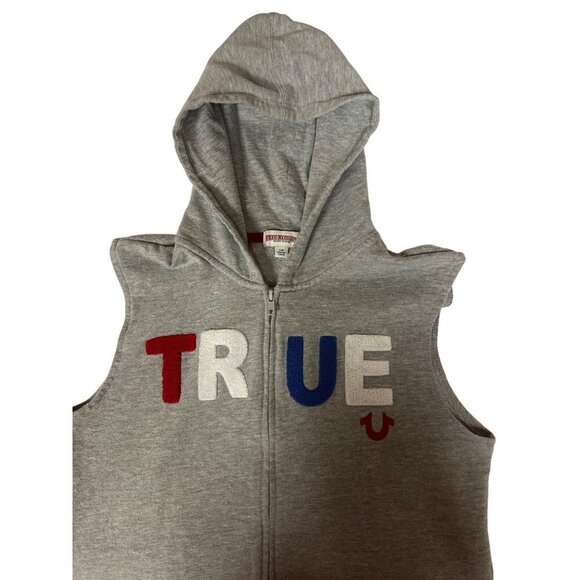 True Religion Grey Sleeveless Hooded Sweatshirt Spell Out Full Zip Boy's Large - Picture 5 of 8